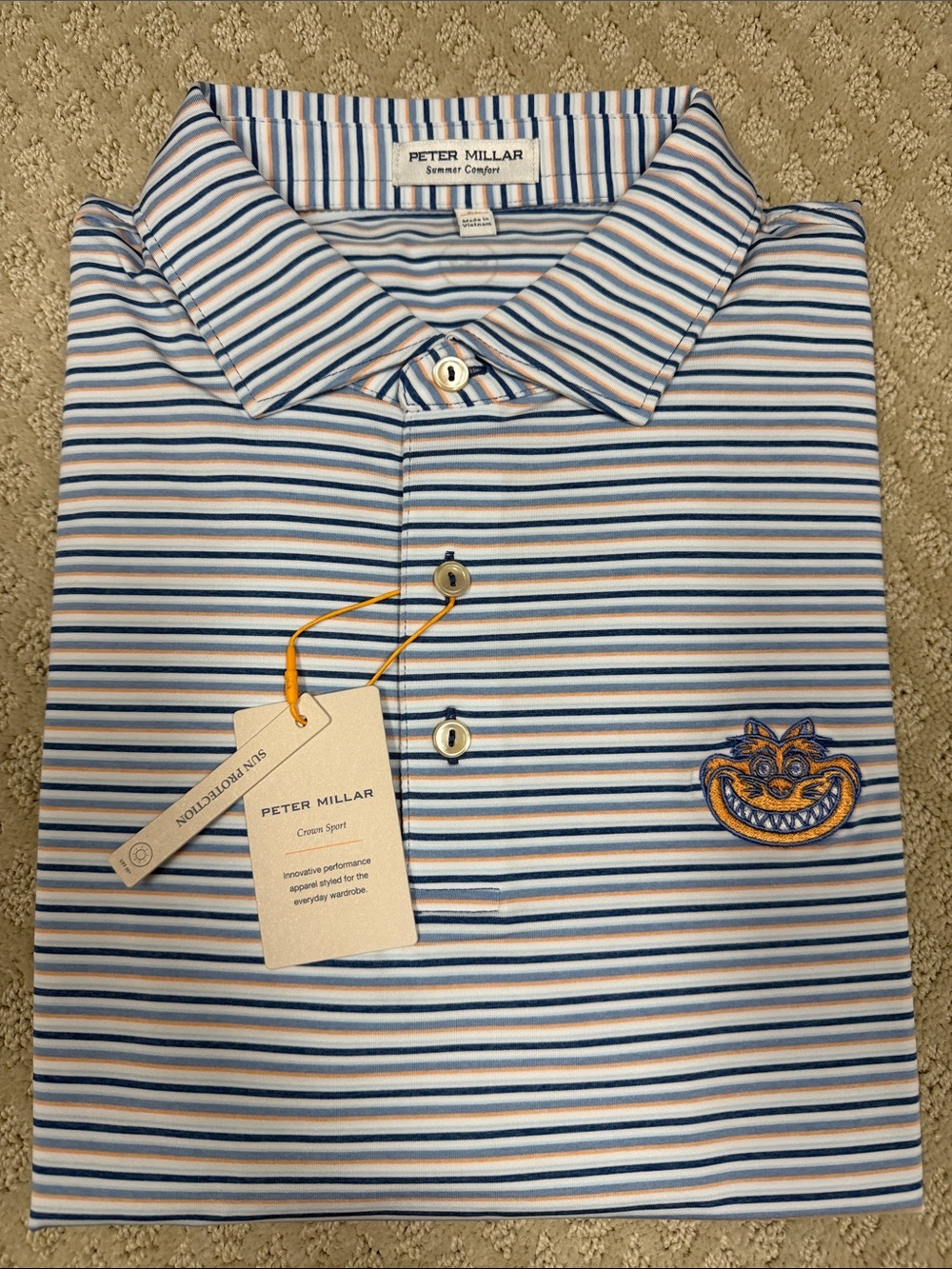 Peter Millar Blue, White & Orange Striped Short-Sleeve Polo with Bettinardi logo